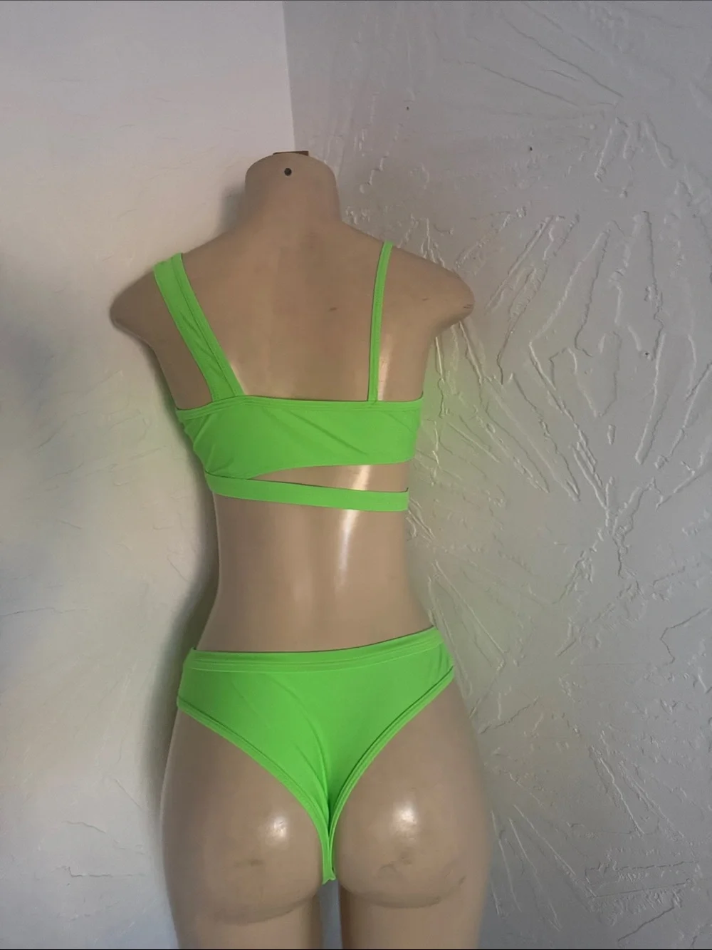 Neon Green Asymmetric Cutout Bikini Set - Women Swim S